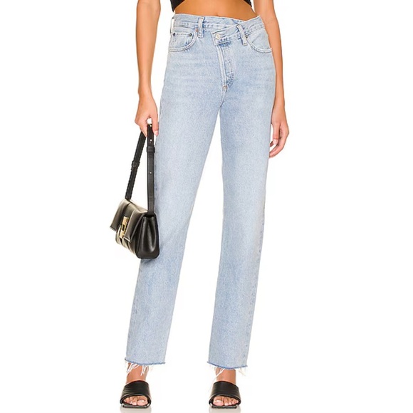 Agolde Denim - Agolde Criss Cross Straight Jeans Light Blue Wash Dimension Size 23 Frayed Hem